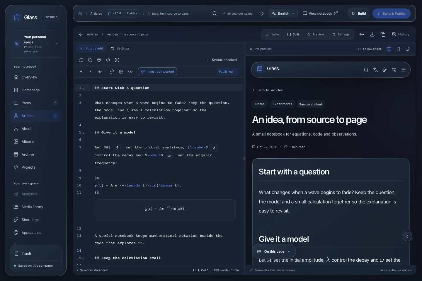 The Glass demo Markdown editor in dark split mode, with source assistance and a rendered preview.